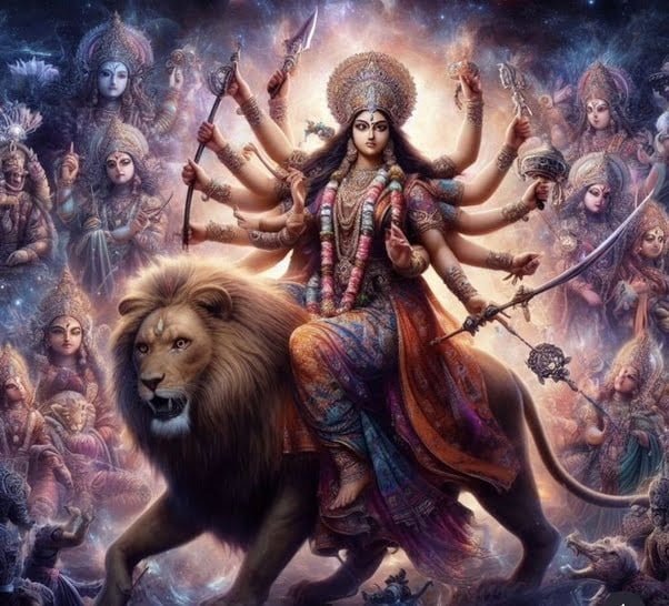 photo of Maa durga with 10 hands and weapons hindu deities in background