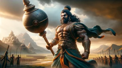 DALL·E 2024 02 23 18.19.10 A landscape oriented scene showing a mighty warrior resembling Bheem from the Indian epic Mahabharata in an ancient battlefield. This warrior is dep 1 sanatan