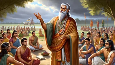 DALL·E 2024 02 23 16.40.03 Illustrate a serene and wise guru Dronacharya standing tall and commanding respect dressed in traditional Indian attire that reflects his status as 2 sanatan