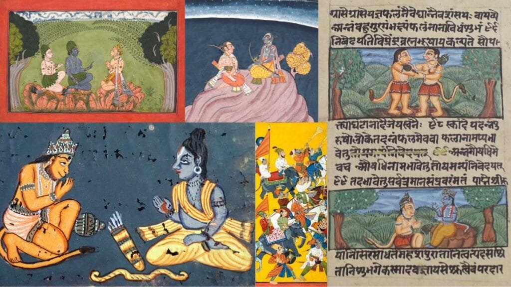 Infographic showing different types of Ramayana versions across India and Southeast Asia with manuscripts and cultural representations