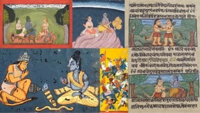 Infographic showing different types of Ramayana versions across India and Southeast Asia with manuscripts and cultural representations