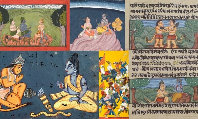 Infographic showing different types of Ramayana versions across India and Southeast Asia with manuscripts and cultural representations